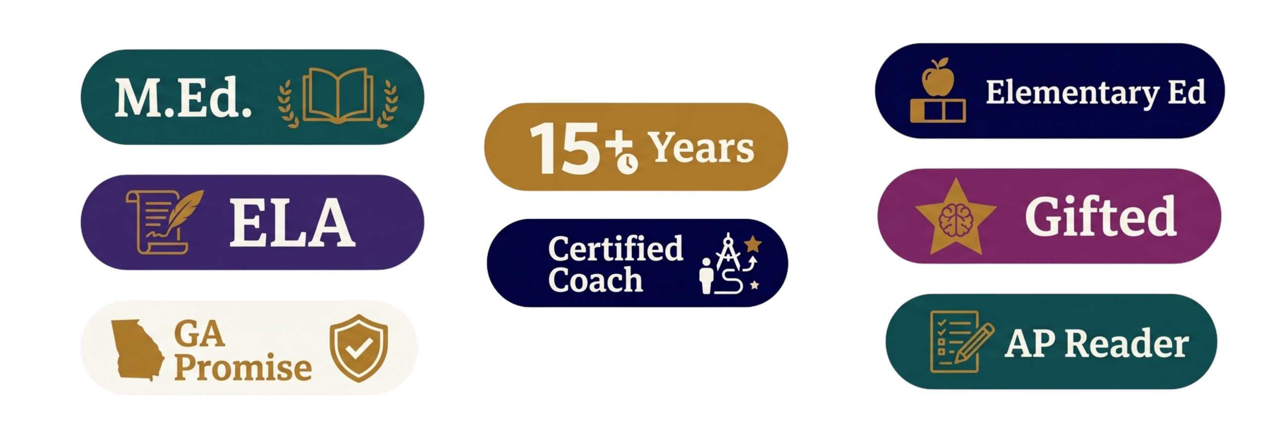 Credentials banner M.Ed. → Gifted Education P–12 → Elementary Ed P–5 → ELA 6–12 → Georgia Promise → 15+ Years → AP Exam Reader → Certified Coach