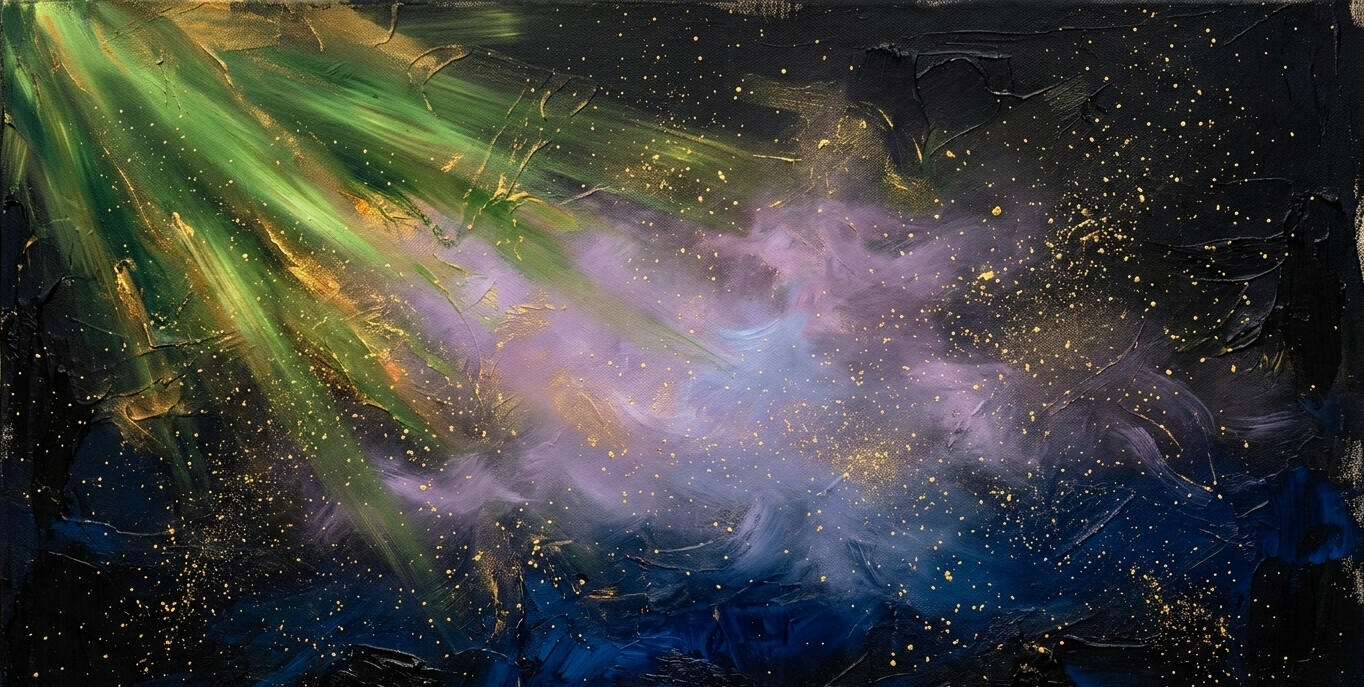 Abstract painterly background in deep ink black, kelly green, lavender, and gold — representing the creative and faith-inspired vision of GGA² Creative Studio, an enrichment space for gifted and neurodiverse learners.