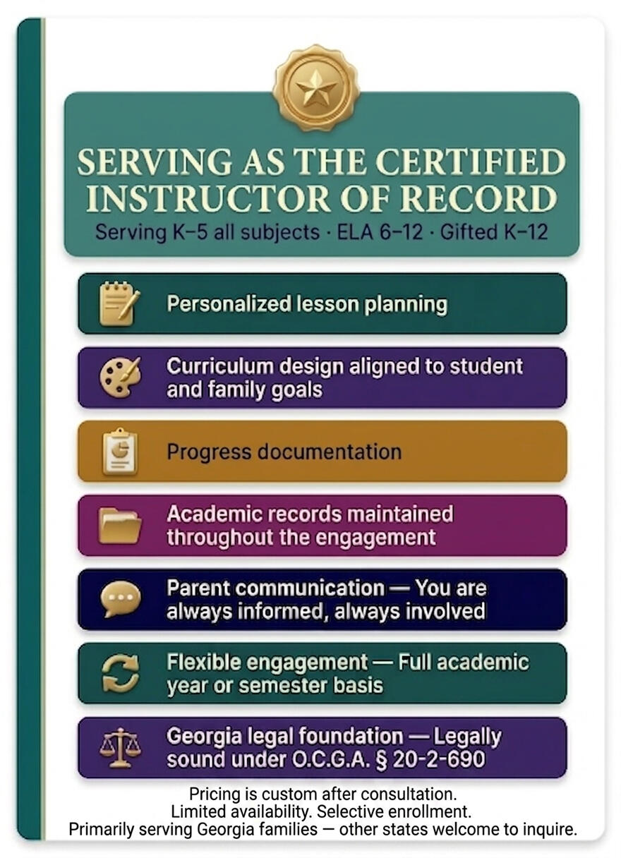 Georgia Teacher Certified instructor of record Serving K–5 all subjects · ELA 6–12 · Gifted K–12 Personalized lesson planning Curriculum design aligned to student and family goals Progress documentation Academic records maintained throughout the engagement Parent communic